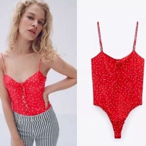 Zara Red Lace Up Satin Effect Star Print Bodysuit Side Zip Size Small